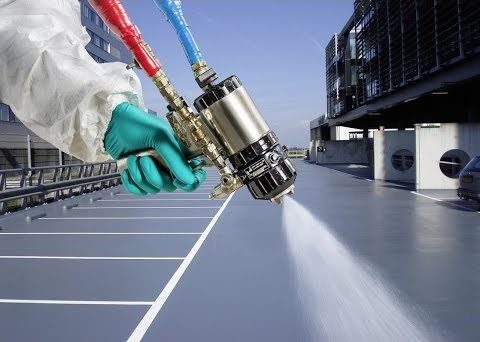Spray-applied polyurea membrane being installed by West Coast Waterproofing